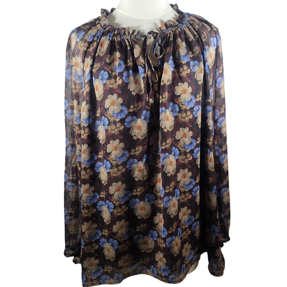 NWT TAHARI Woman Black Boho Floral Semi-Sheer Lined Ruffle Blouse Size 2X